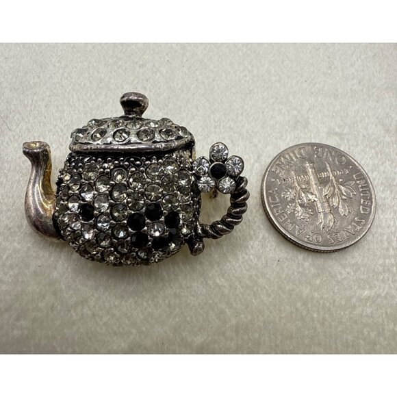 Rhinestone-Encrusted Teapot Brooch Pin With Flower Handle Silver-Tone & Black De - Picture 2 of 5